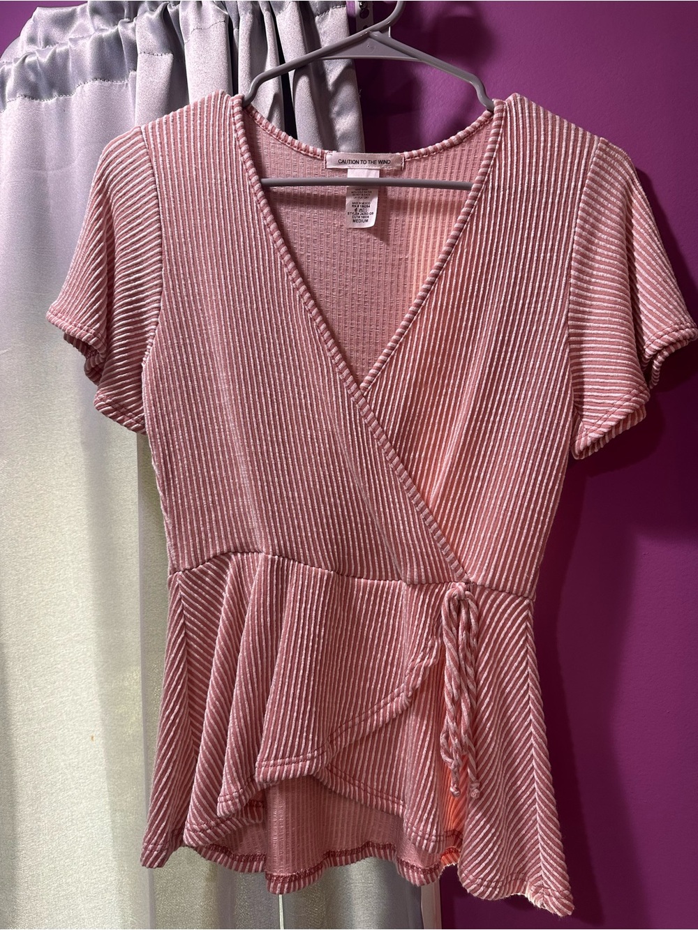 Women’s Pink Ribbed Wrap Peplum Top
